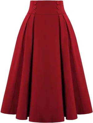 Women Plaid Skirt Vintage High Waist Pleated Skirt with Pockets Casual Flared Midi A-Line Skirt Pleated Skirt (Red, M)
