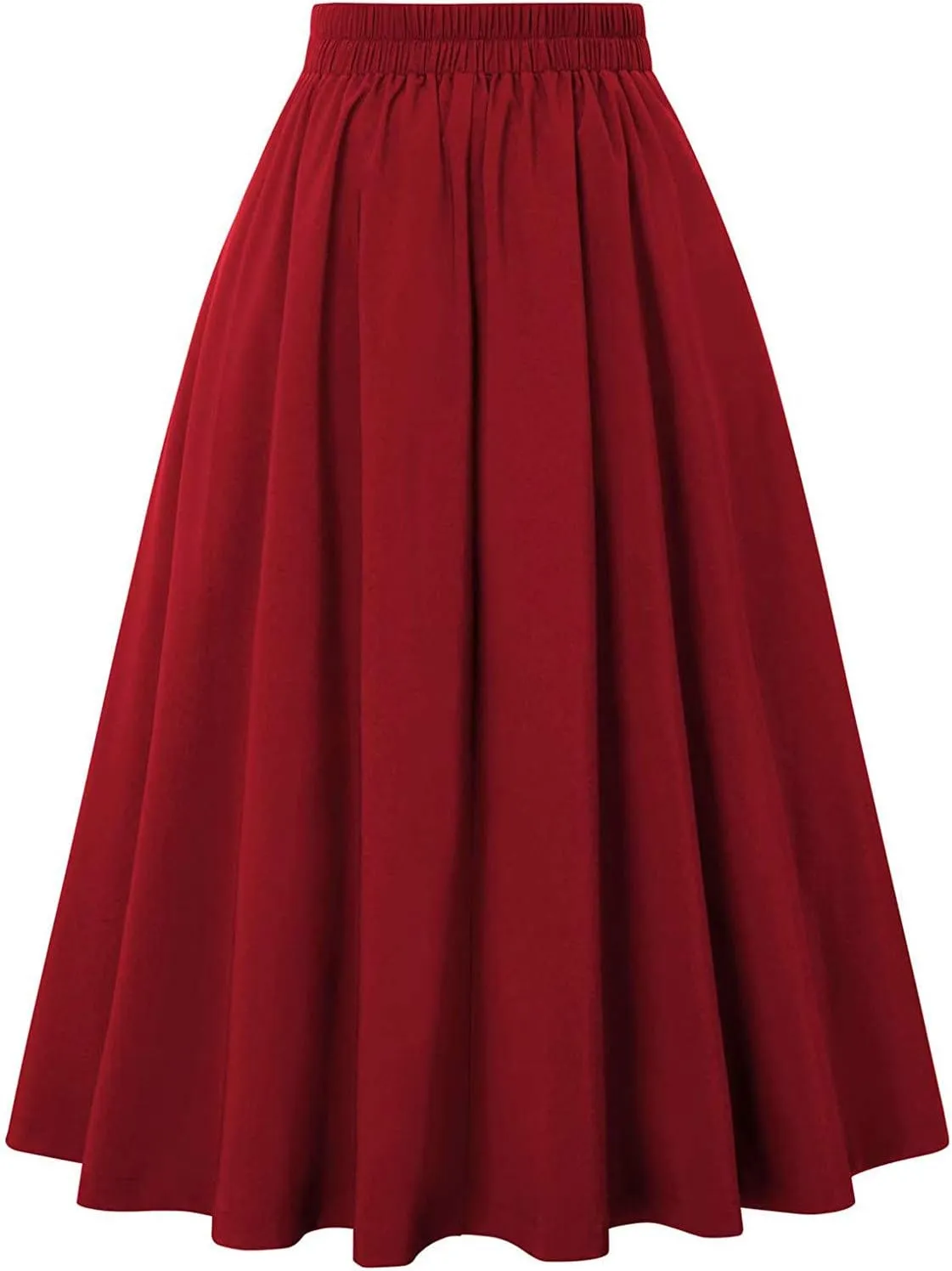 Women Plaid Skirt Vintage High Waist Pleated Skirt with Pockets Casual Flared Midi A-Line Skirt Pleated Skirt (Red, M)