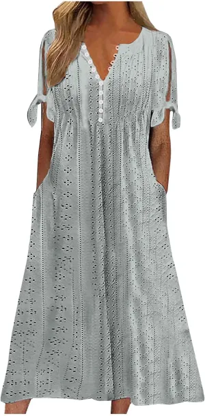 Women Plus Size Eyelet Dress Summer Vintage Short Sleeve V Neck Button Dresses Casual Loose Flowy Dress with Pockets