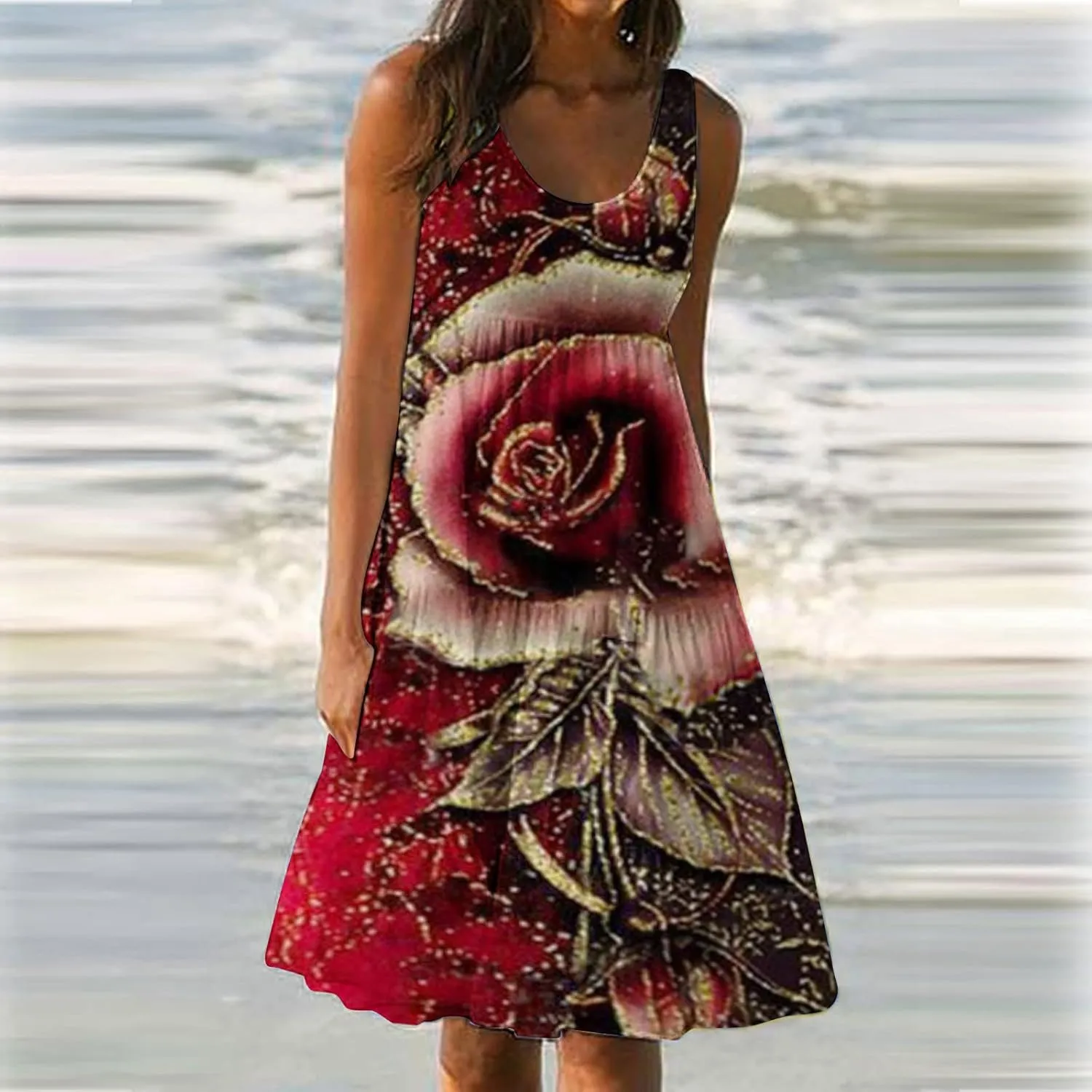 Women Plus Size Sundresses Fashion Holiday Vacation Mini Dress Summer Solid Sleeveless Party Beach Dress