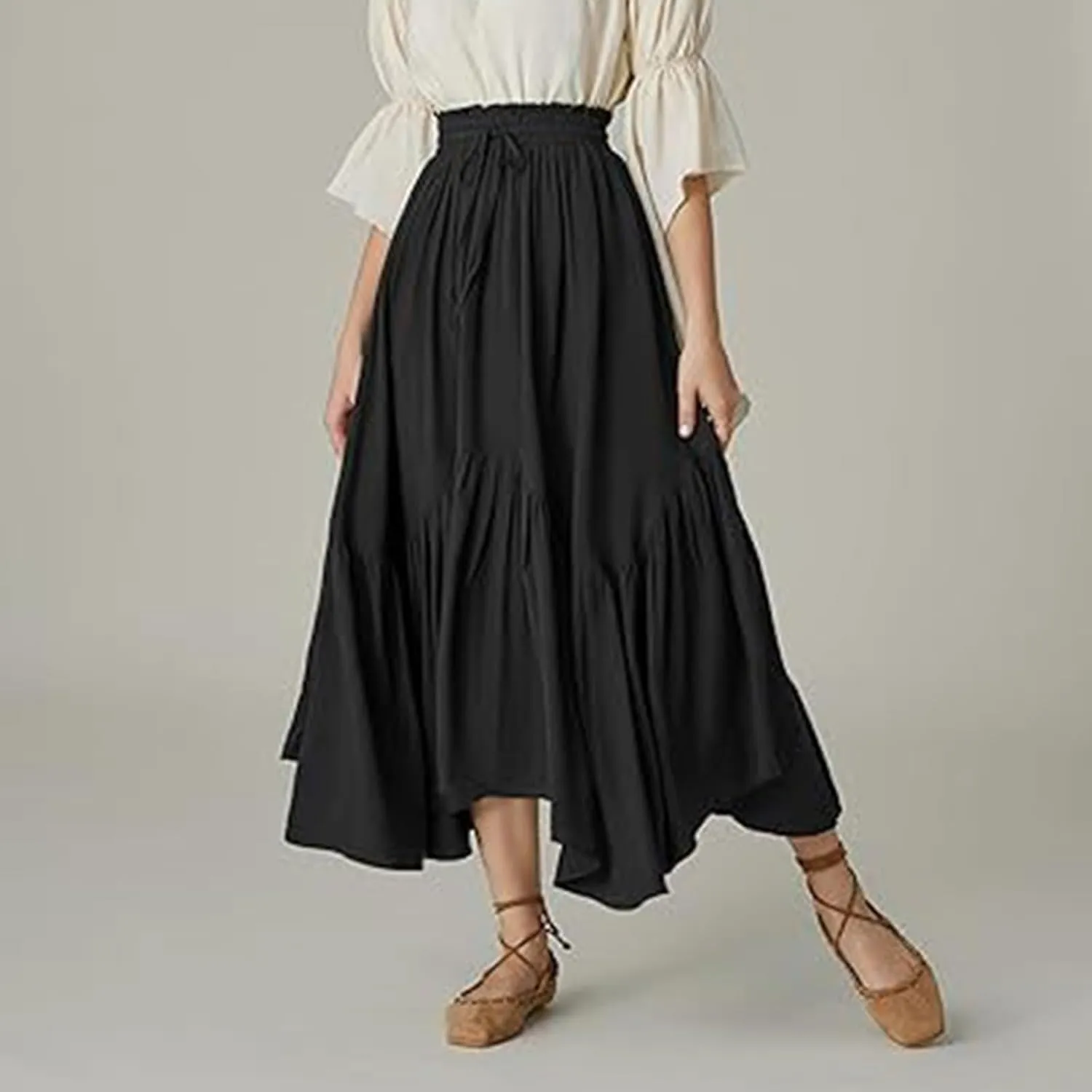 Women Renaissance Midi Skirts Vintage Drawstring High Waist A-Line Skirts Flowy Medieval Pirate Peasant Long Skirt