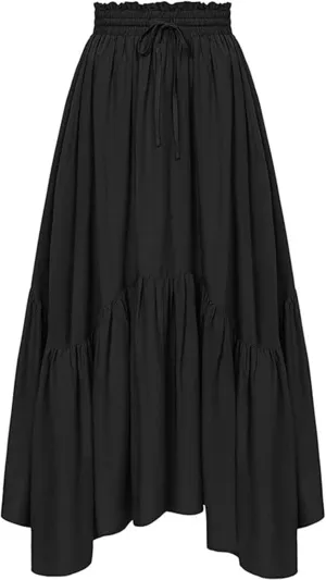 Women Renaissance Midi Skirts Vintage Drawstring High Waist A-Line Skirts Flowy Medieval Pirate Peasant Long Skirt
