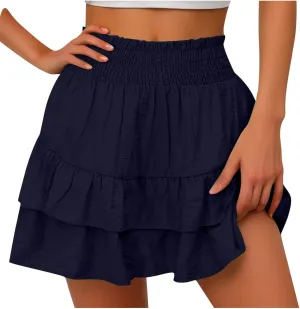 Women Ruffle Mini Skirts Smocked Waist Pleated Tiered Ruffle Hem Short Skirt Summer Casual Half Dress 2025 New