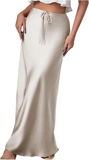 Women Satin Bodycon Midi Skirt Lace-Up High Waist Solid Pencil Skirts Spring Summer Elegant Prom Party Long Skirt