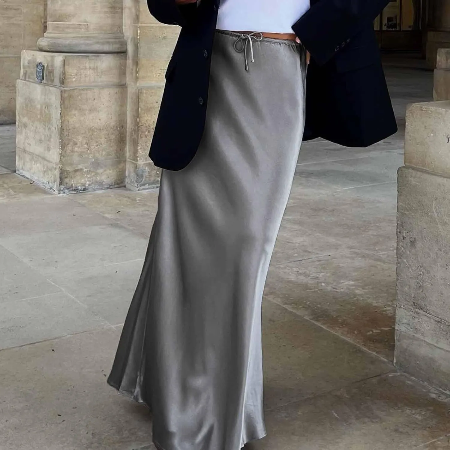 Women Satin Bodycon Midi Skirt Lace-Up High Waist Solid Pencil Skirts Spring Summer Elegant Prom Party Long Skirt