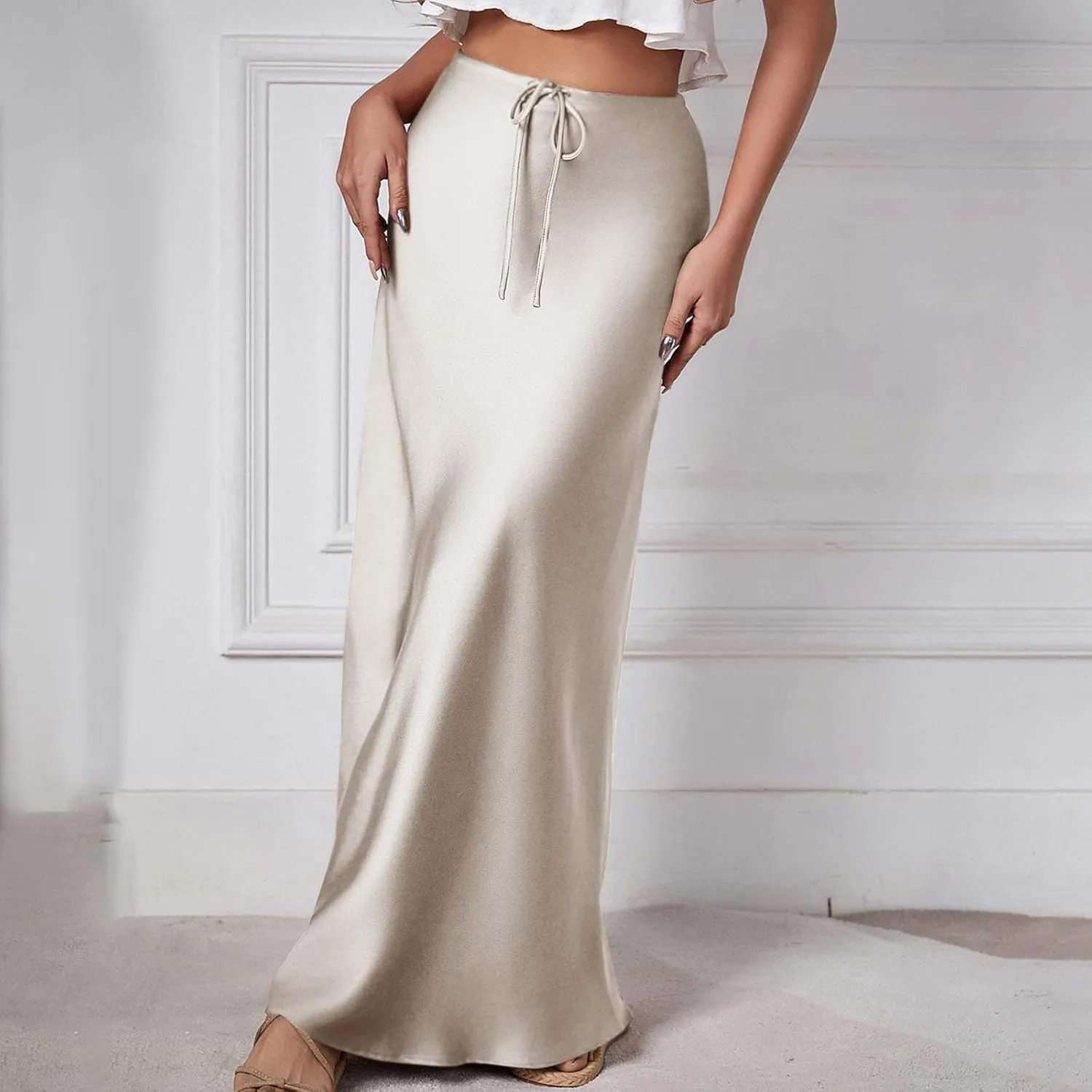 Women Satin Bodycon Midi Skirt Lace-Up High Waist Solid Pencil Skirts Spring Summer Elegant Prom Party Long Skirt