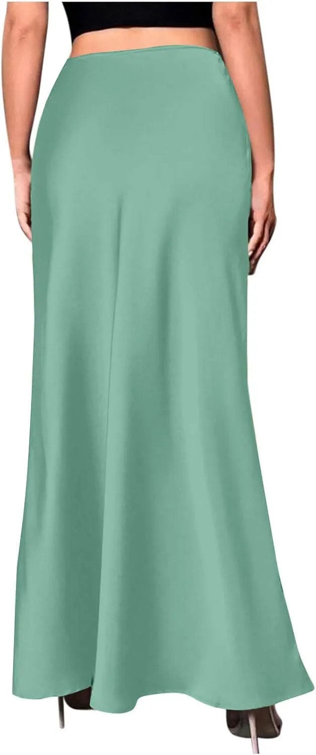 Women Satin Bodyocn Maxi Skirt Elegant High Waisted A Line Mermaid Skirts Cocktail Party Prom Casual Long Skirt