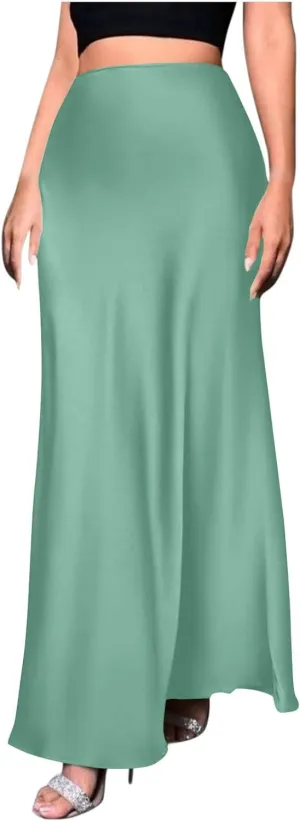 Women Satin Bodyocn Maxi Skirt Elegant High Waisted A Line Mermaid Skirts Cocktail Party Prom Casual Long Skirt