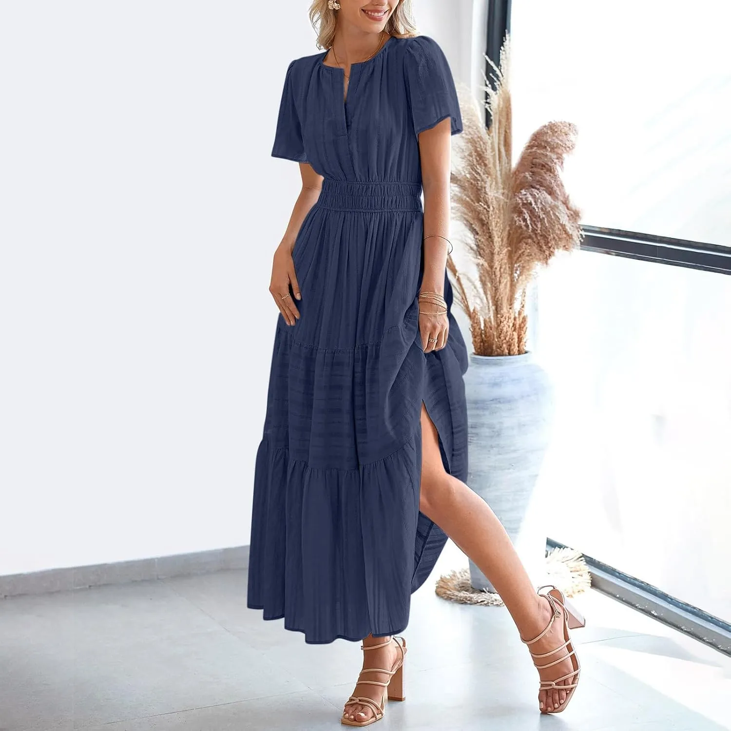 Women Summer 2025 Casual Maxi Dresses Trendy Lightweight Short Sleeve V Neck Elastic Waist Boho Beach Sundress Clothes