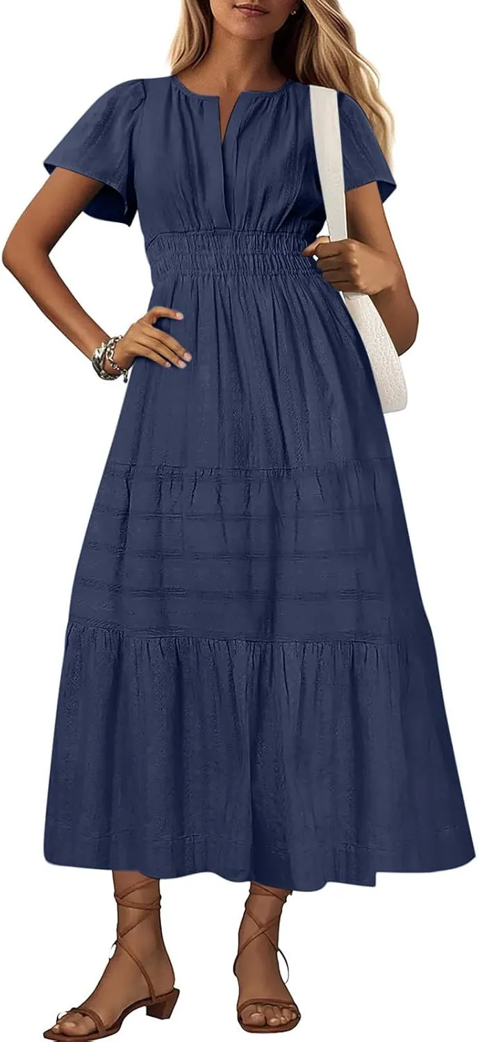 Women Summer 2025 Casual Maxi Dresses Trendy Lightweight Short Sleeve V Neck Elastic Waist Boho Beach Sundress Clothes