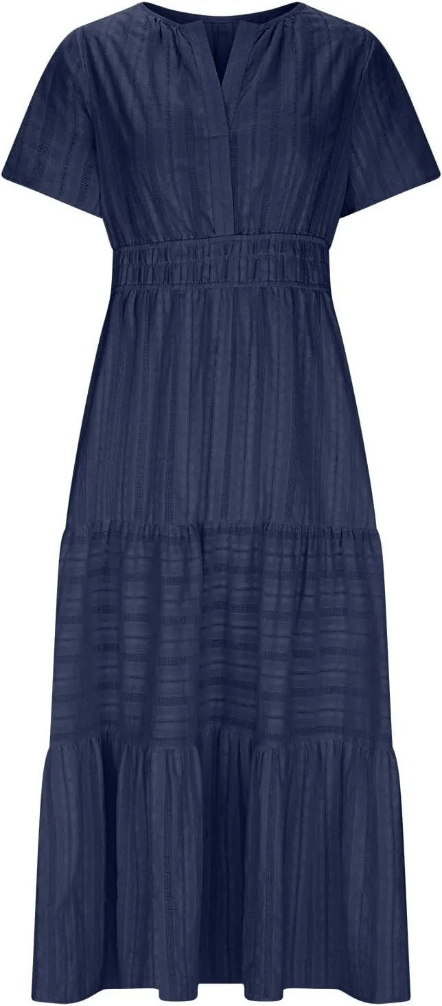 Women Summer 2025 Casual Maxi Dresses Trendy Lightweight Short Sleeve V Neck Elastic Waist Boho Beach Sundress Clothes