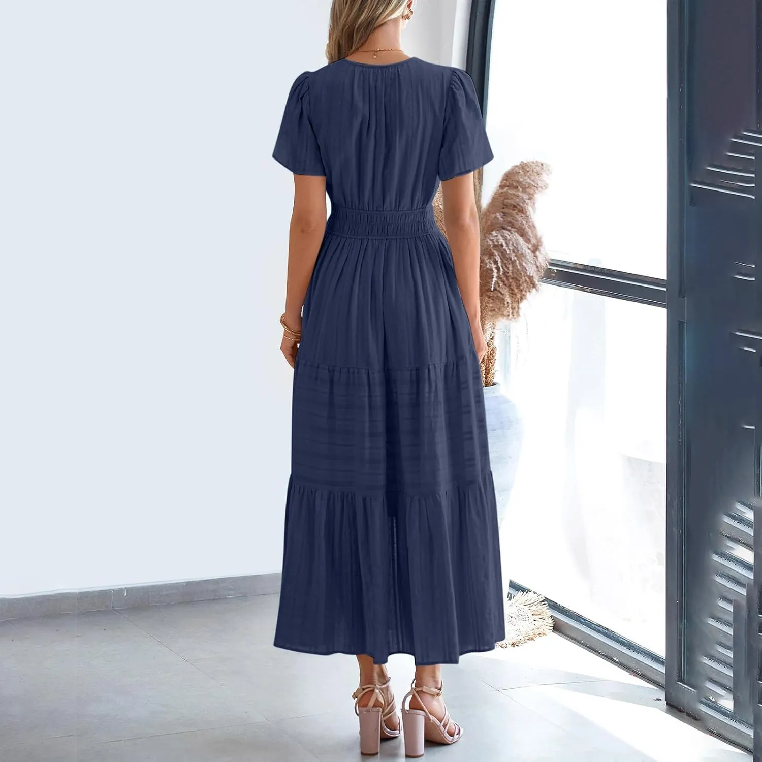 Women Summer 2025 Casual Maxi Dresses Trendy Lightweight Short Sleeve V Neck Elastic Waist Boho Beach Sundress Clothes