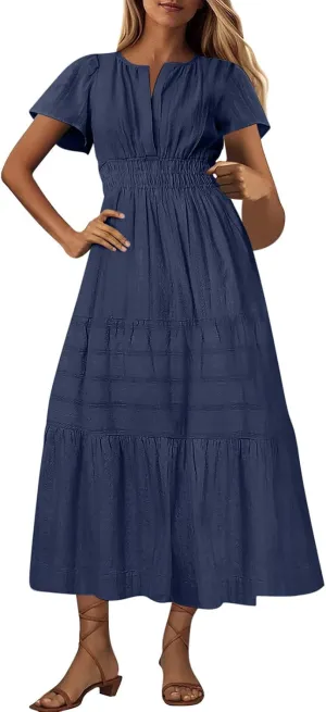 Women Summer 2025 Casual Maxi Dresses Trendy Lightweight Short Sleeve V Neck Elastic Waist Boho Beach Sundress Clothes