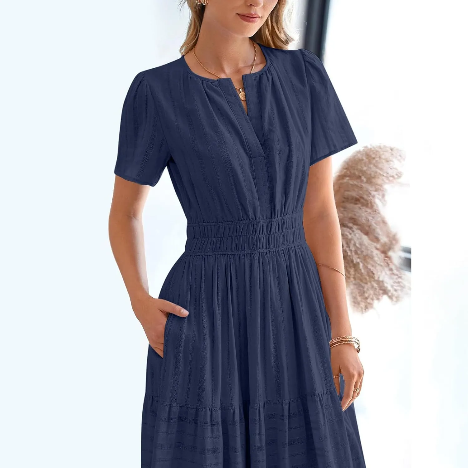 Women Summer 2025 Casual Maxi Dresses Trendy Lightweight Short Sleeve V Neck Elastic Waist Boho Beach Sundress Clothes