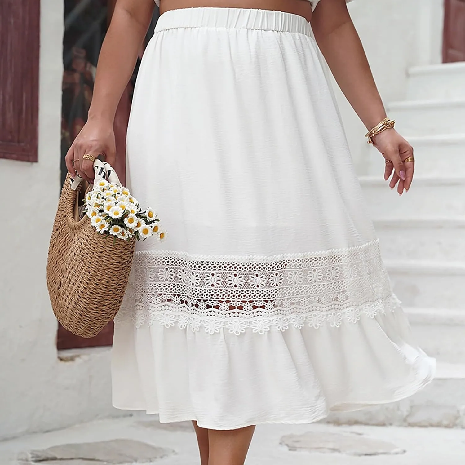 Women Summer Casual Midi Skirt, Fashion Hollow Out Embroidery Loose Clothes Elastic Waist Comfy Beach Vacation Skirts