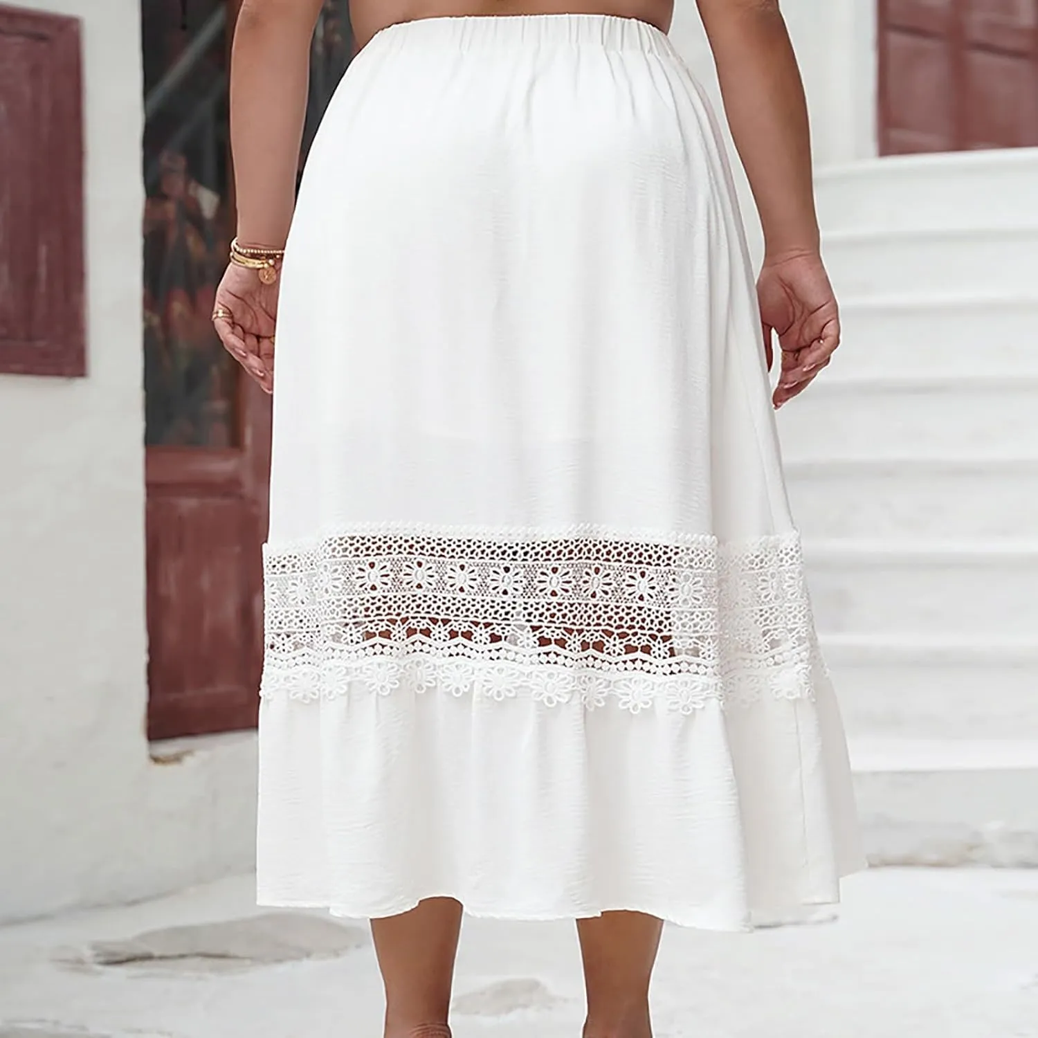 Women Summer Casual Midi Skirt, Fashion Hollow Out Embroidery Loose Clothes Elastic Waist Comfy Beach Vacation Skirts