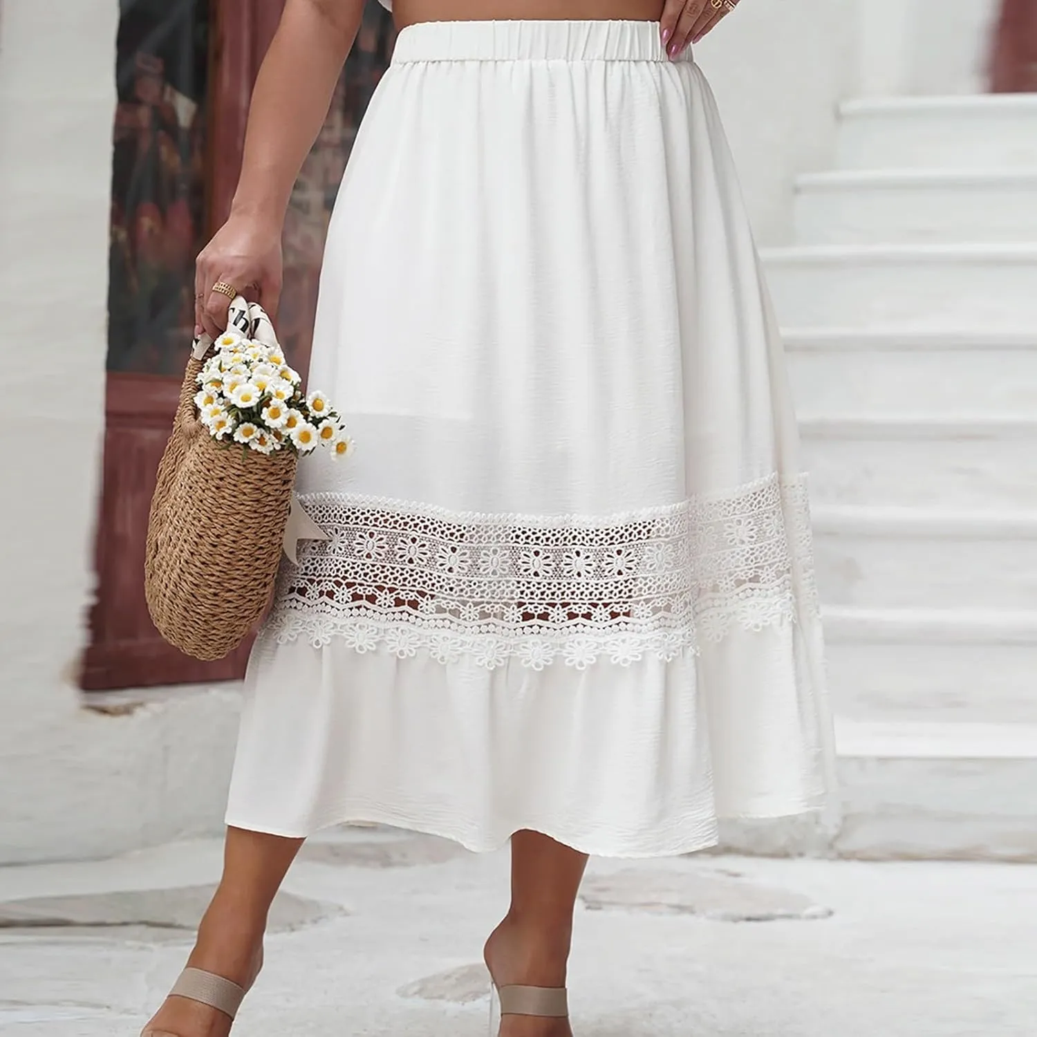 Women Summer Casual Midi Skirt, Fashion Hollow Out Embroidery Loose Clothes Elastic Waist Comfy Beach Vacation Skirts