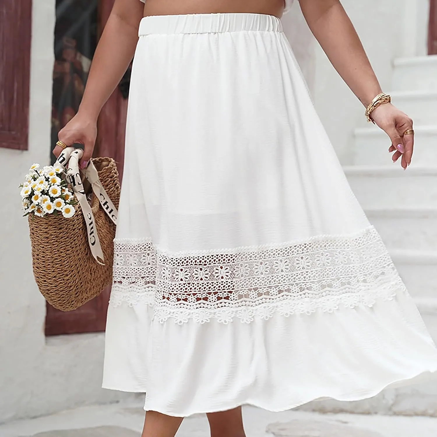 Women Summer Casual Midi Skirt, Fashion Hollow Out Embroidery Loose Clothes Elastic Waist Comfy Beach Vacation Skirts