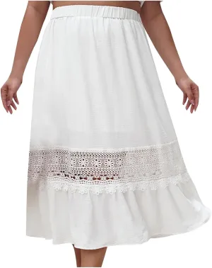Women Summer Casual Midi Skirt, Fashion Hollow Out Embroidery Loose Clothes Elastic Waist Comfy Beach Vacation Skirts