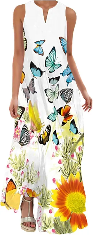 Women Summer Dresses 2025 Trendy Floral Print Maxi Dress Casual Flowy Sleeveless V Neck Long Sundress with Pockets