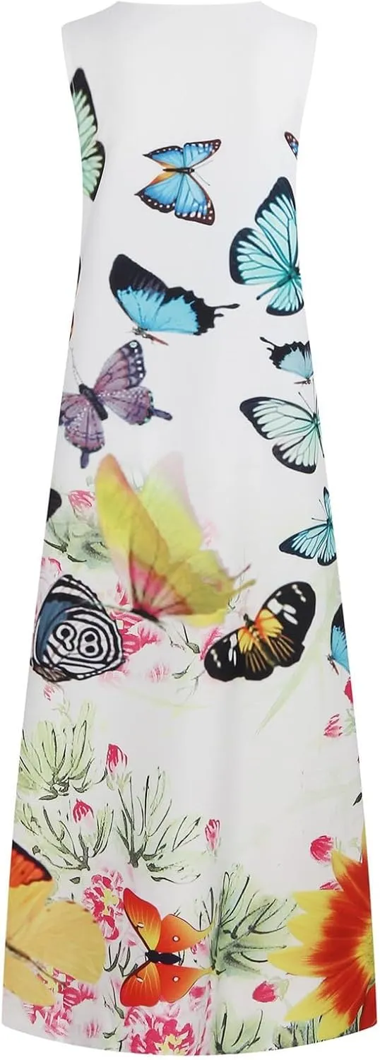 Women Summer Dresses 2025 Trendy Floral Print Maxi Dress Casual Flowy Sleeveless V Neck Long Sundress with Pockets