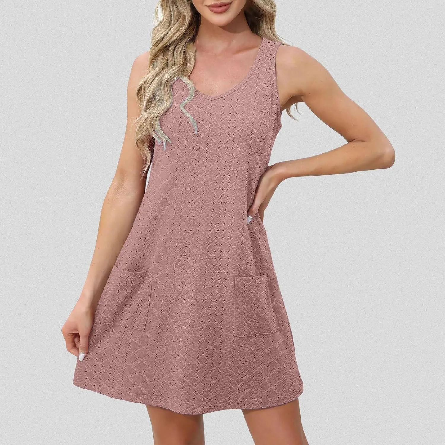 Women Summer Dresses Cap Sleeve Babydoll Eyelet Ruffle V Neck Mini Dress Plus Size Casual Loose Cover Up Dress