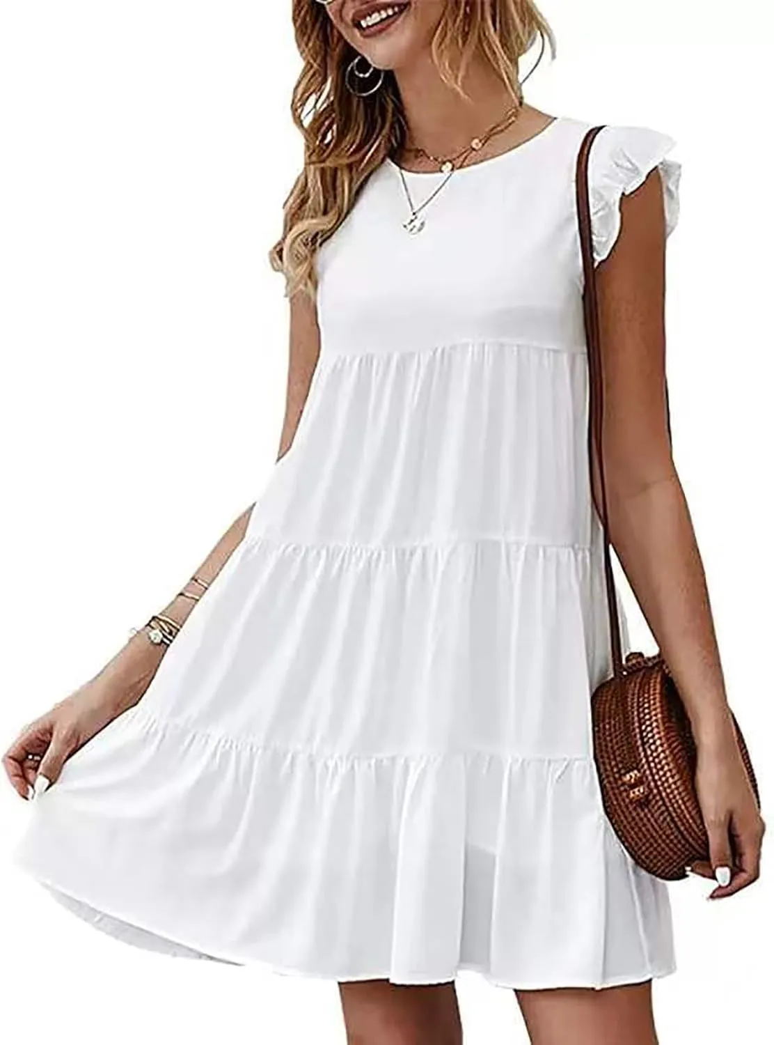 Women Summer Dresses Sleeveless Ruffle Sleeve Swing Dress Round Neck Loose Mini Sundress Flowy Pleated Babydoll Dress