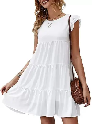 Women Summer Dresses Sleeveless Ruffle Sleeve Swing Dress Round Neck Loose Mini Sundress Flowy Pleated Babydoll Dress