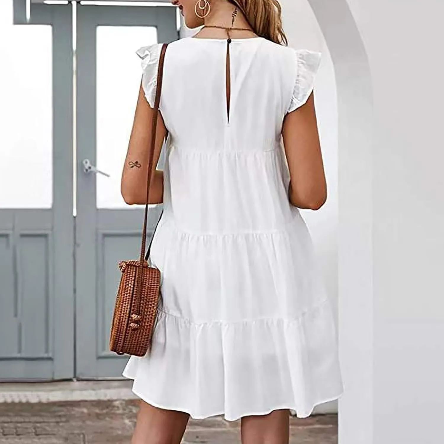 Women Summer Dresses Sleeveless Ruffle Sleeve Swing Dress Round Neck Loose Mini Sundress Flowy Pleated Babydoll Dress