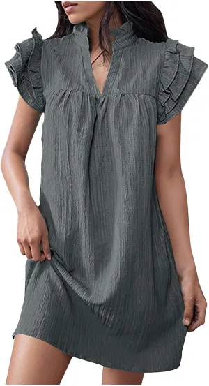 Women Summer Mini Dress Flutter Short Sleeve Casual Tunic Dresses Ruffle Stand Collar A Line T-Shirt Dress Sundress