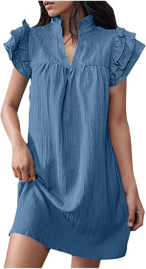 Women Summer Mini Dress Flutter Short Sleeve Casual Tunic Dresses Ruffle Stand Collar A Line T-Shirt Dress Sundress