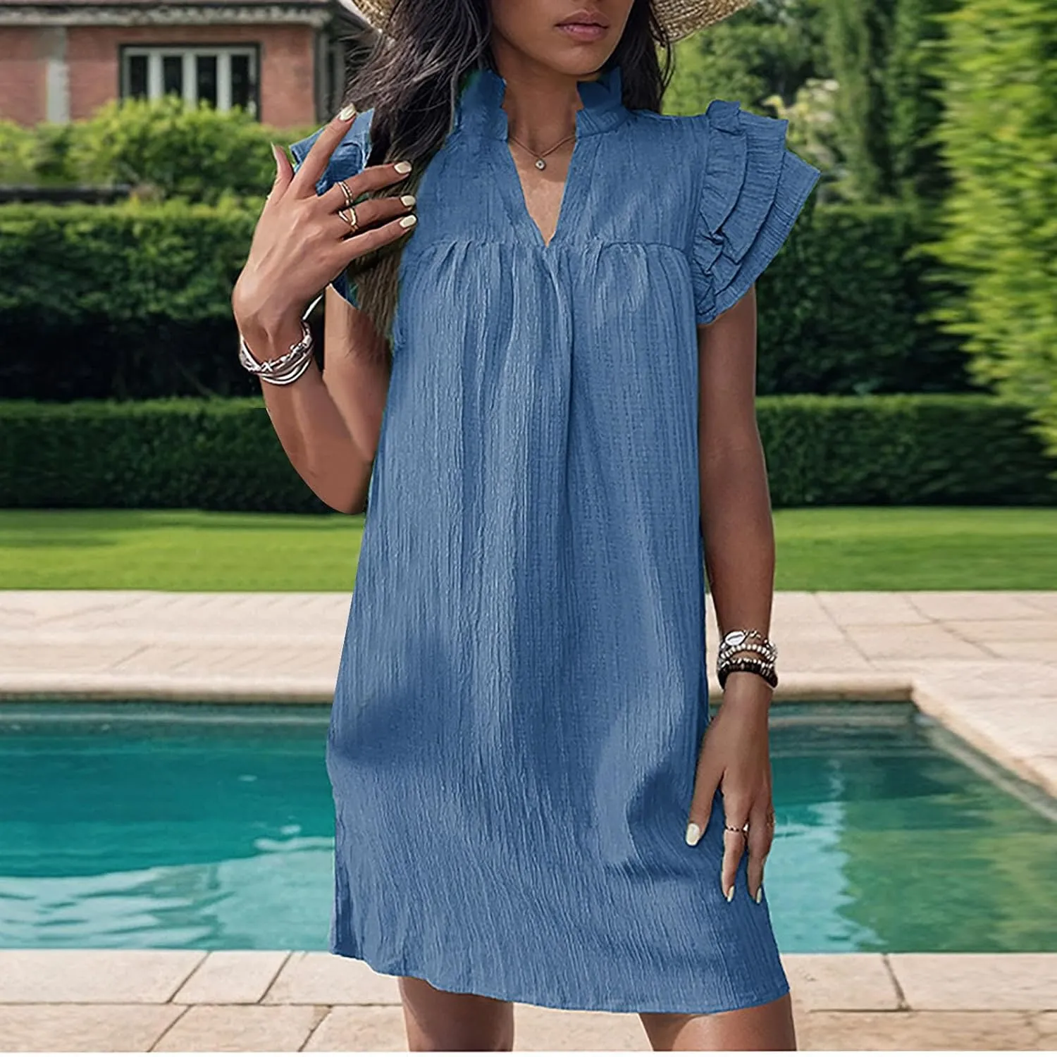 Women Summer Mini Dress Flutter Short Sleeve Casual Tunic Dresses Ruffle Stand Collar A Line T-Shirt Dress Sundress