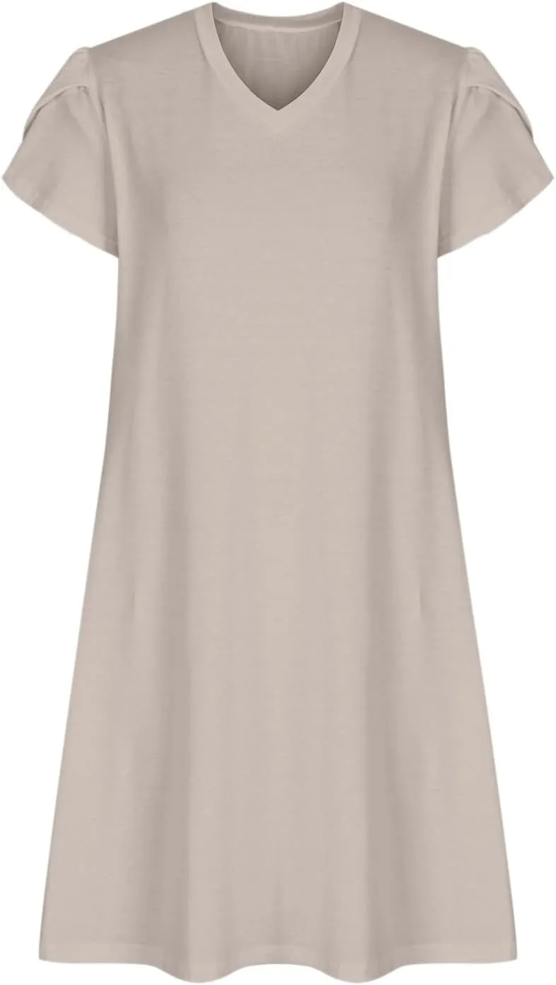 Women Summer Petal Sleeve Dress A-Line Mini Dresses Casual Floral T-Shirt Dress Flowy Beach Short Sundress with Pocket