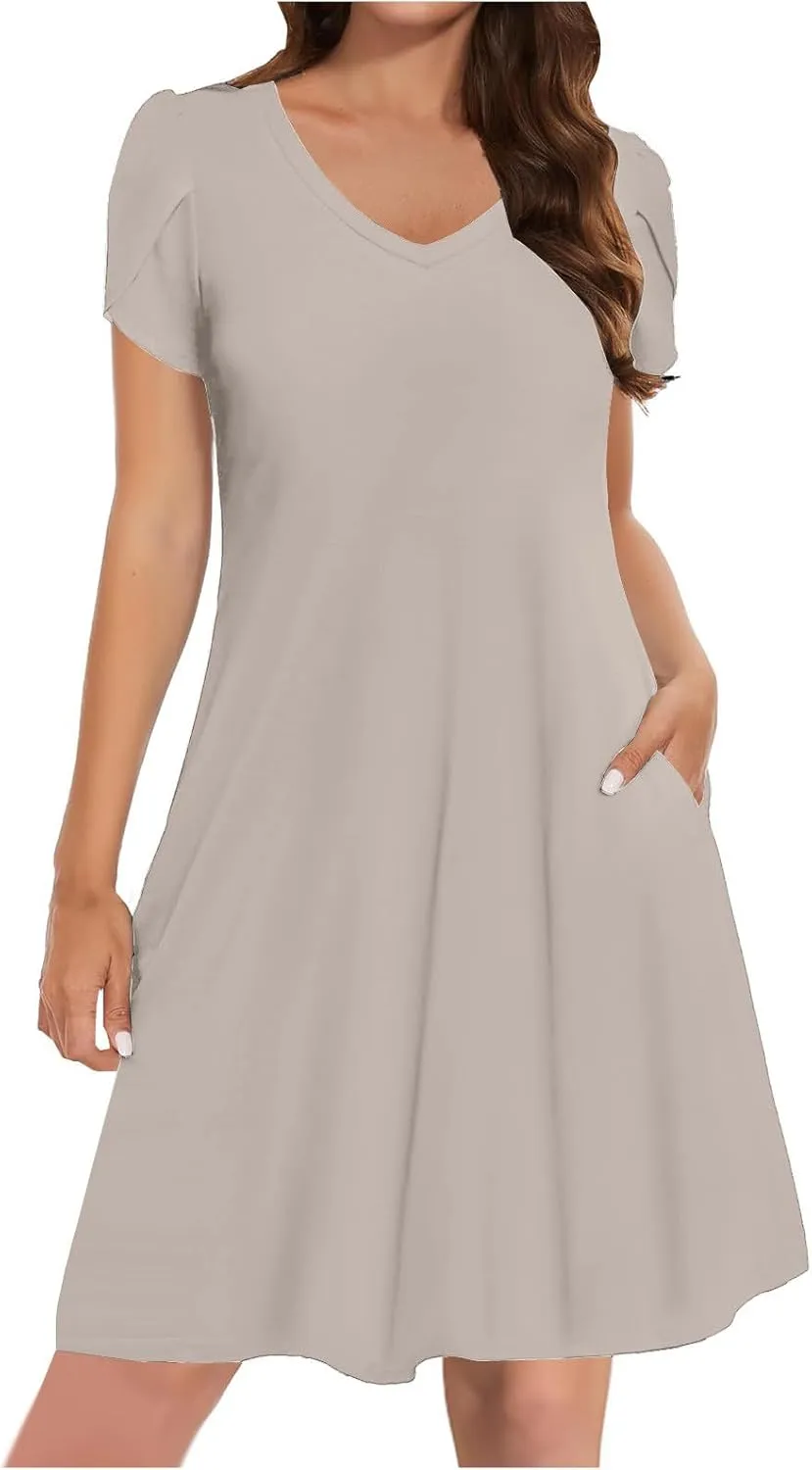 Women Summer Petal Sleeve Dress A-Line Mini Dresses Casual Floral T-Shirt Dress Flowy Beach Short Sundress with Pocket