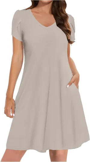 Women Summer Petal Sleeve Dress A-Line Mini Dresses Casual Floral T-Shirt Dress Flowy Beach Short Sundress with Pocket