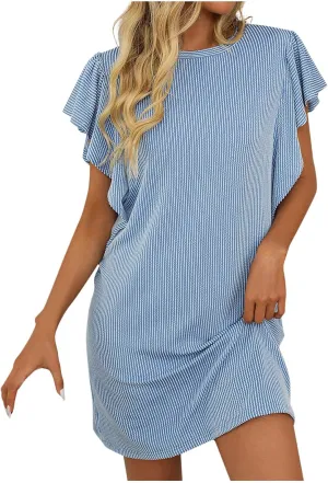 Women Summer Ruffle Sleeve Dresses Casual Beach Mini Dress Textured Striped Shift T-Shirt Dress Going Out Outfits