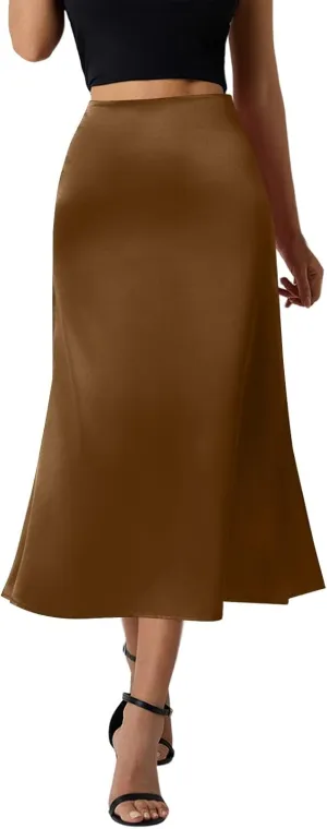 Women Summer Spring High Waist Satin Skirt Party Wedding Flowy Elegant A-Line Midi Skirts 2025, S-2XL
