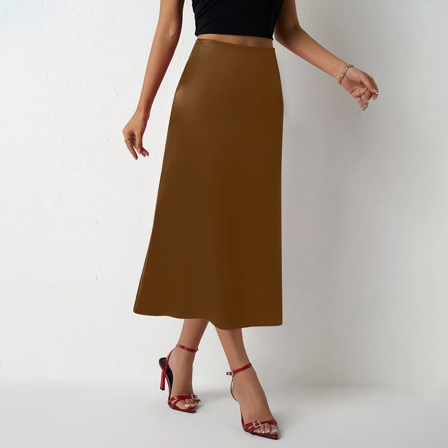 Women Summer Spring High Waist Satin Skirt Party Wedding Flowy Elegant A-Line Midi Skirts 2025, S-2XL