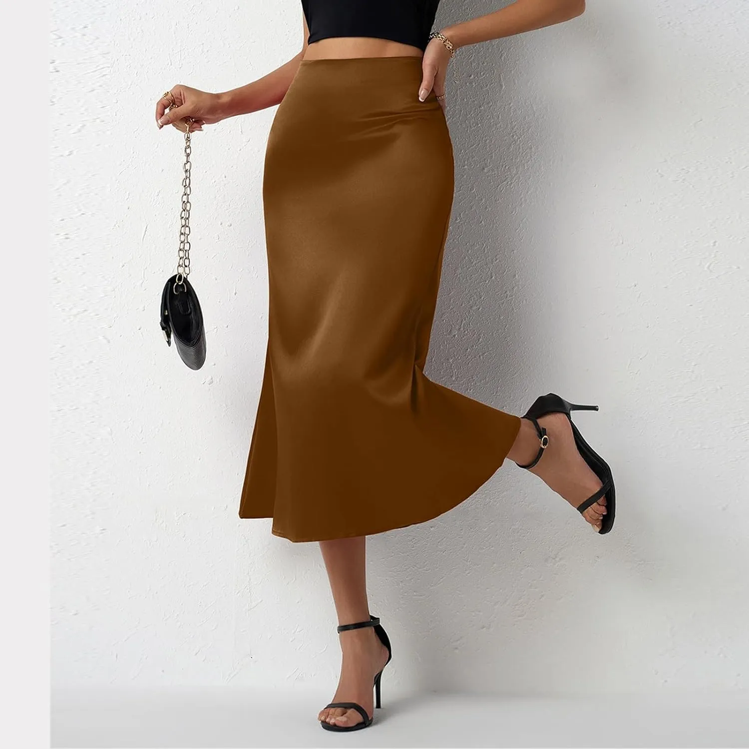 Women Summer Spring High Waist Satin Skirt Party Wedding Flowy Elegant A-Line Midi Skirts 2025, S-2XL