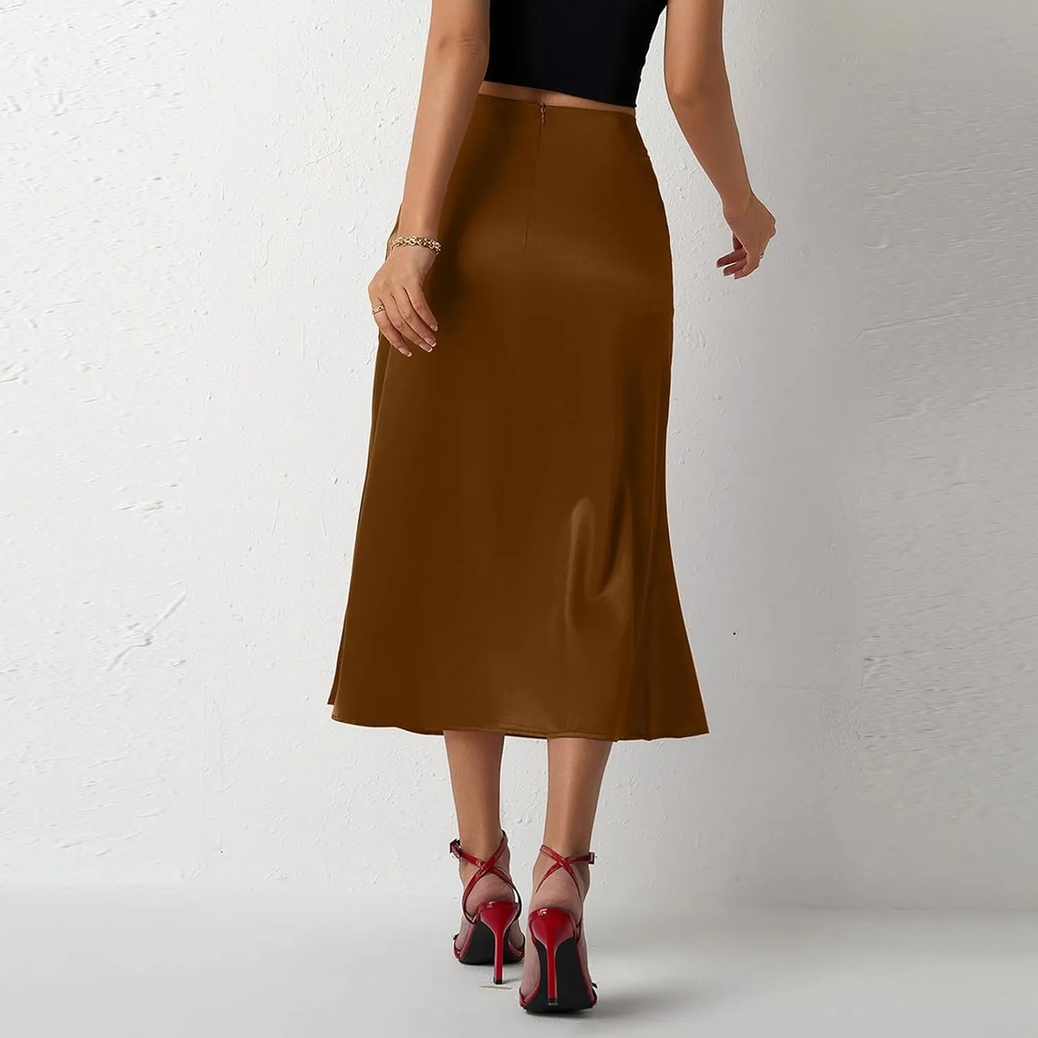 Women Summer Spring High Waist Satin Skirt Party Wedding Flowy Elegant A-Line Midi Skirts 2025, S-2XL