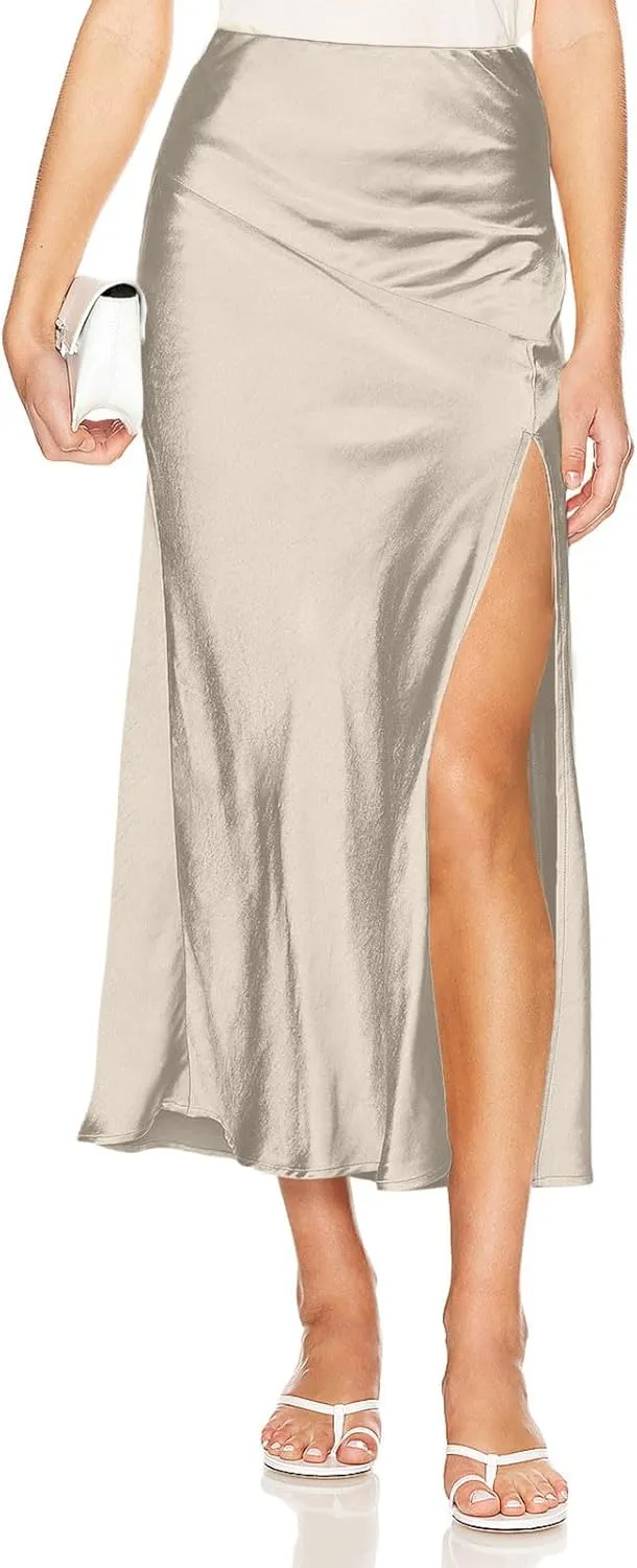 Women Summer Spring Long Satin Skirt Silk Elegant High Waist Cocktail Party Wedding Side Slit Flowy Aline Midi Skirts