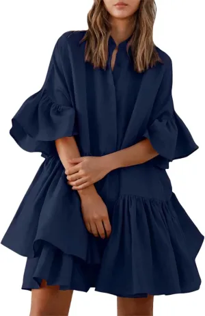 Women Summer Spring V Neck Ruffle Chiffon Elegant Empire Waist Mini Short Swing Skater Dresses Dress Casual Loose Sundresses
