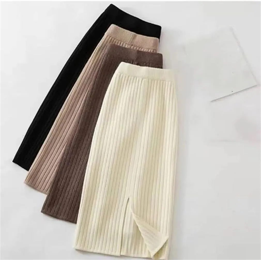 Women Sweater Skirt Midi Knitted Skirt High Waist Pencil Skirts Womens Winter Long Warm Split Knitting Skirts