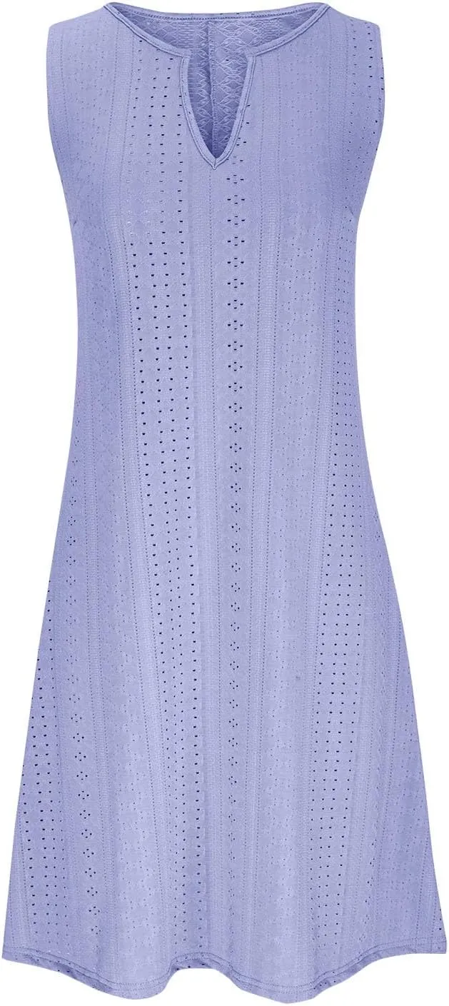 Women Sweetheart Embroidery Eyelet Tank Dress Solid Plunging Neckline Sleeveless Sundress Casual Vacation Beach Dress