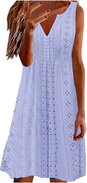 Women Sweetheart Embroidery Eyelet Tank Dress Solid Plunging Neckline Sleeveless Sundress Casual Vacation Beach Dress