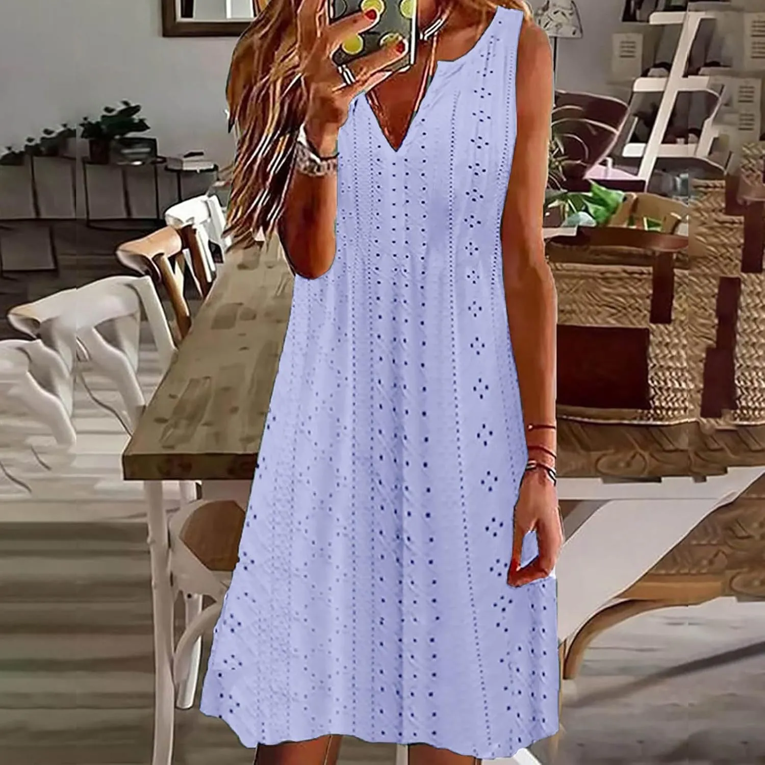 Women Sweetheart Embroidery Eyelet Tank Dress Solid Plunging Neckline Sleeveless Sundress Casual Vacation Beach Dress