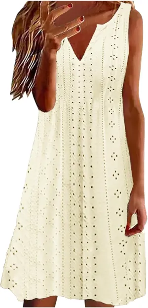 Women Sweetheart Embroidery Eyelet Tank Dress Solid Plunging Neckline Sleeveless Sundress Casual Vacation Beach Dress