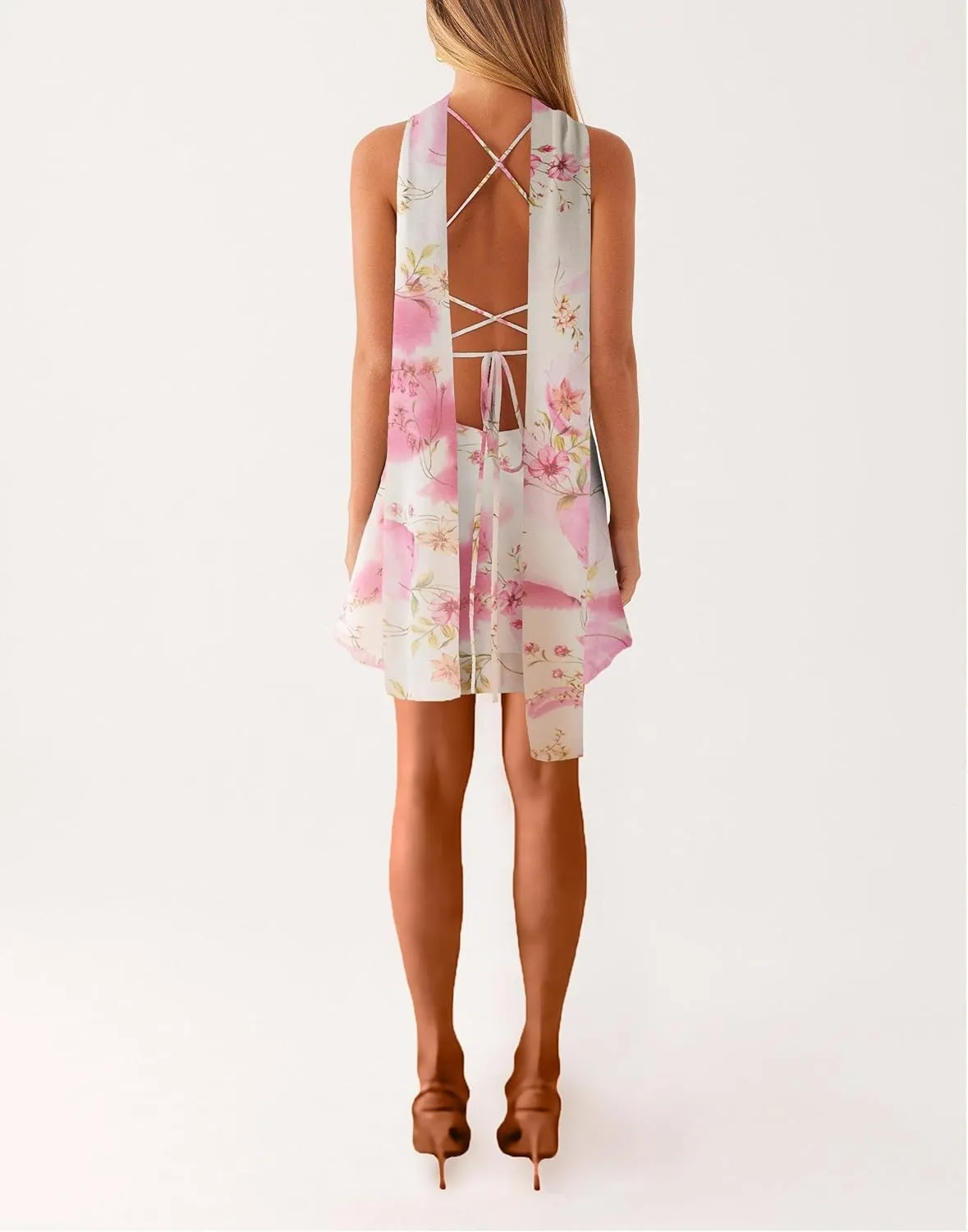 Women Y2k Floral Mini Dress Flower Halter Sheer Mesh Tie Back Short Dresses Summer Sexy Party Dress with Scarf