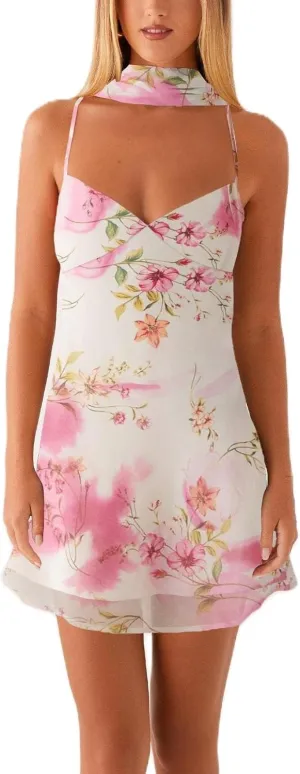 Women Y2k Floral Mini Dress Flower Halter Sheer Mesh Tie Back Short Dresses Summer Sexy Party Dress with Scarf