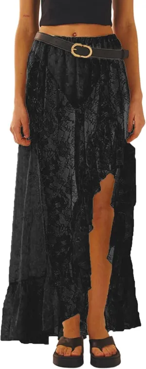 Women Y2k Lace Maxi Skirt High Waist See Through Ruffle Slip Long Skirts Layered Flowy Summer Beach Skirts
